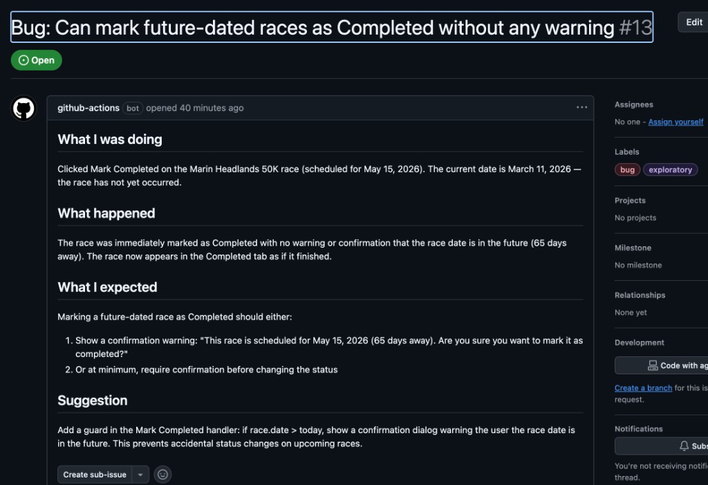 The exploratory agent filed a detailed bug report with clear sections for what it was doing, what happened, what it expected, and a suggested fix