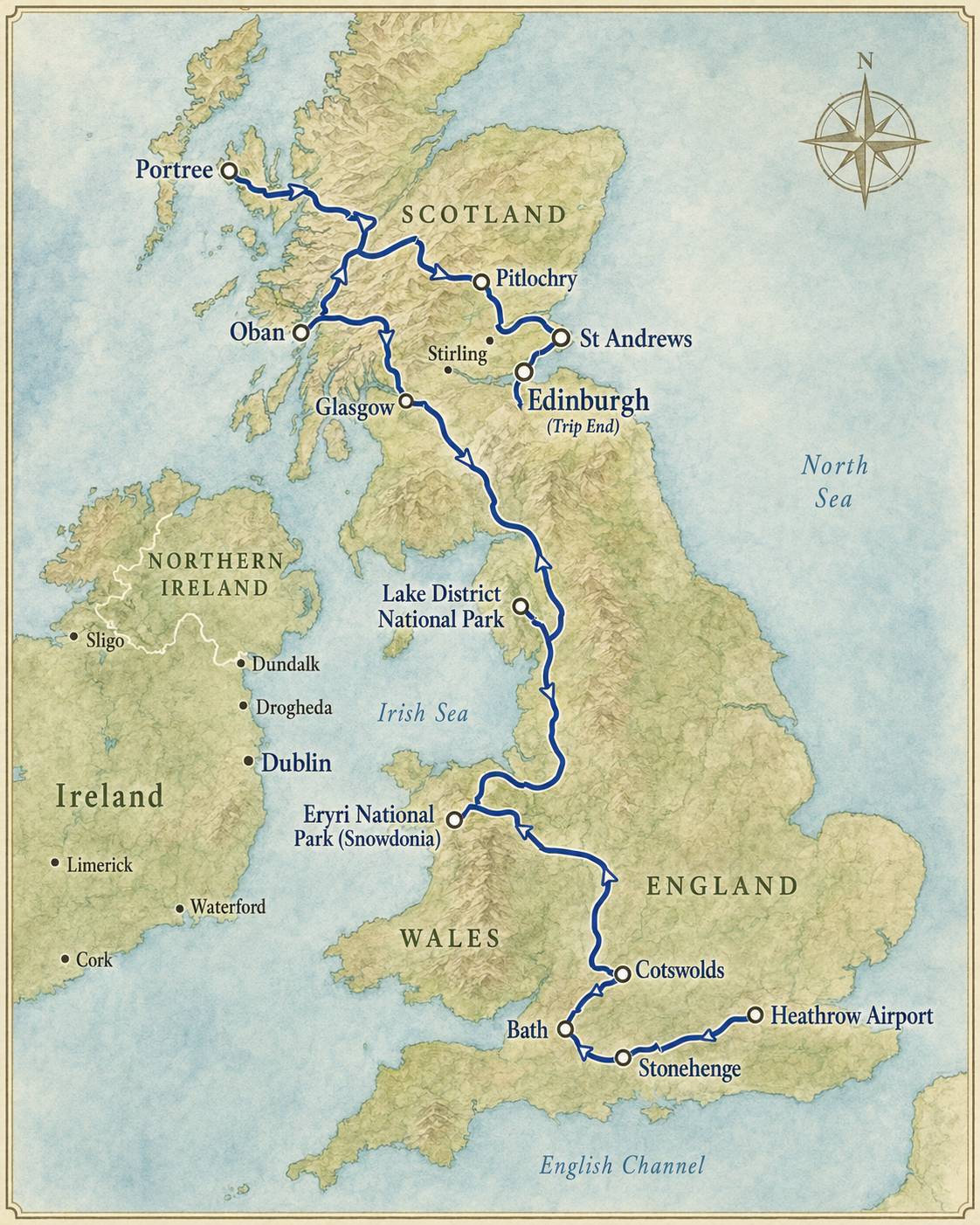 Our route - London Heathrow up to Edinburgh